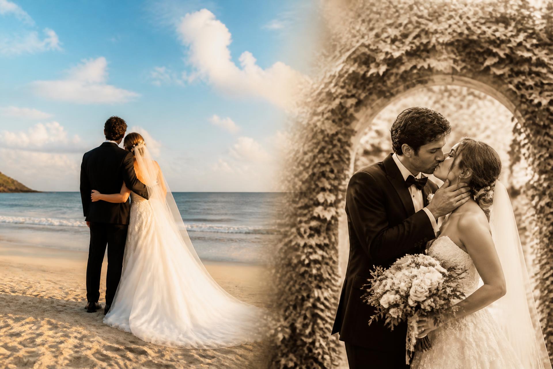 Romantic wedding couple on the beach and kissing under a floral arch